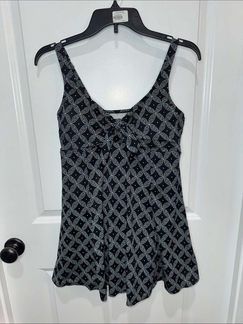 Black Geometric One-Piece Swimdress with Front Tie